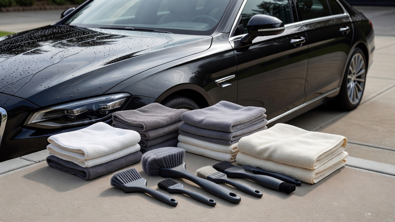 Clean wash mitts, folded microfibre towels and detailing brushes beside a freshly washed vehicle