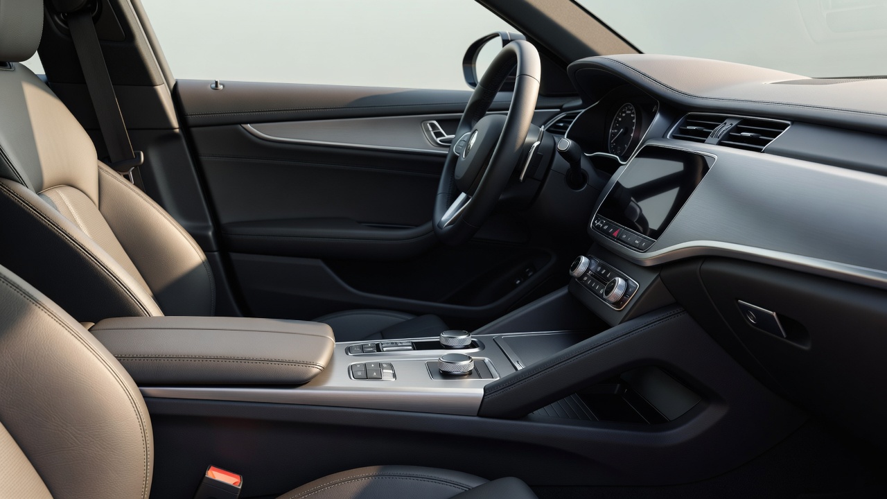 Car cabin in natural light showing stitched upholstery, restrained trim and clear dashboard controls